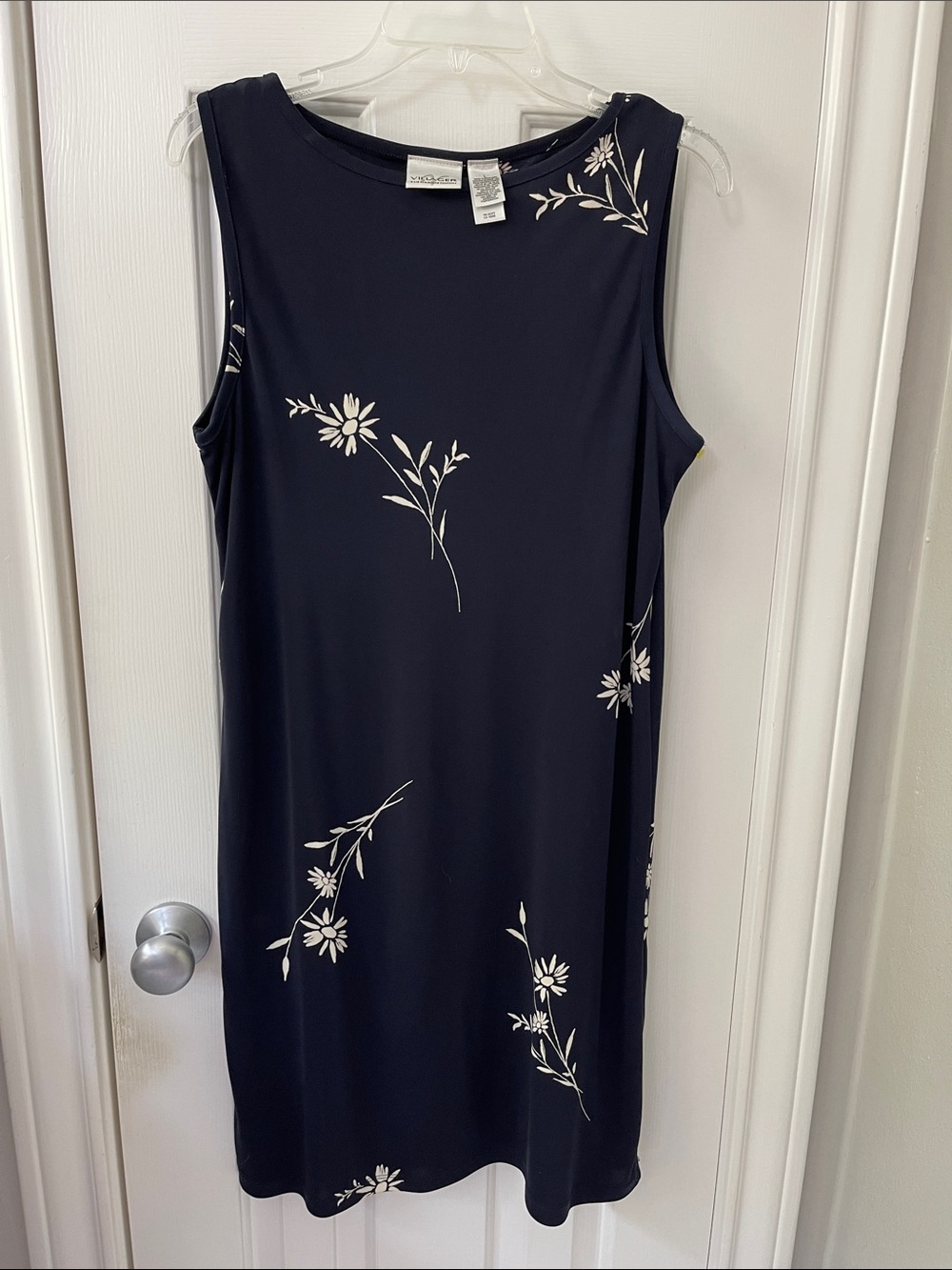 Village Navy Sleeveless Midi Dress with White Floral Motif